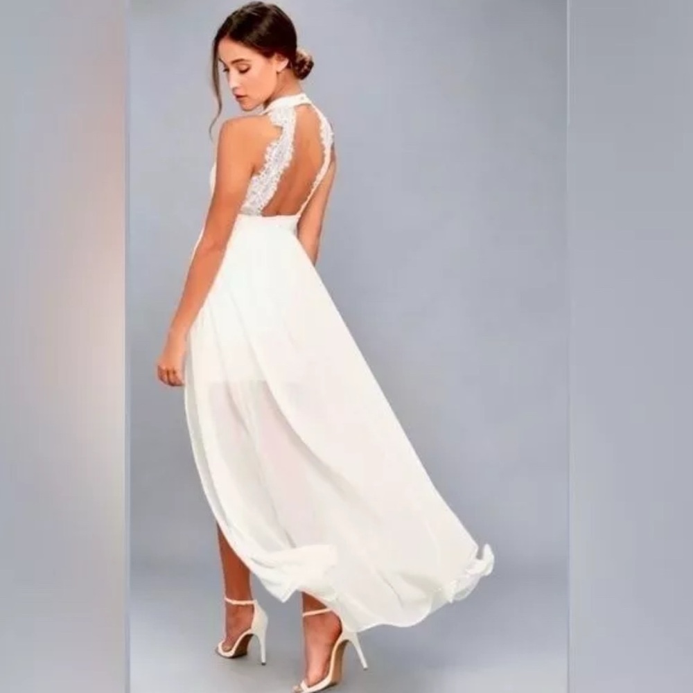 Lulu’s My Beloved Lace Open Back Halter Front Slit Key Hole Maxi Dress Sz S NWT